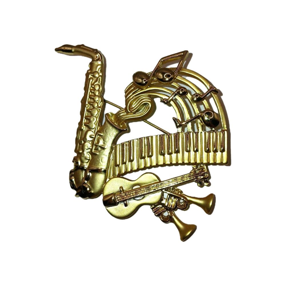 Vintage AJC Musical Instruments Brooch Pin Brushed & Shiny Gold Tone 3 in